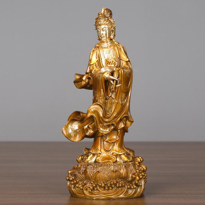 Buddha Stones Kwan Yin Awalokiteśwara trzymający wazon Mosiężna harmonia Miedziana statua Dekoracja domu
