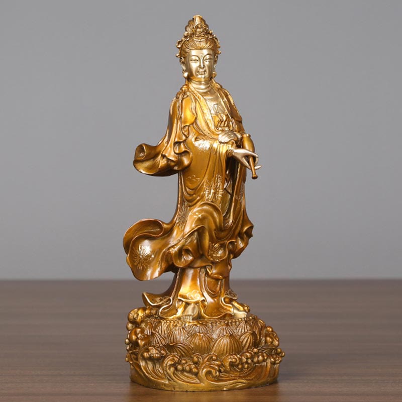 Buddha Stones Kwan Yin Awalokiteśwara trzymający wazon Mosiężna harmonia Miedziana statua Dekoracja domu