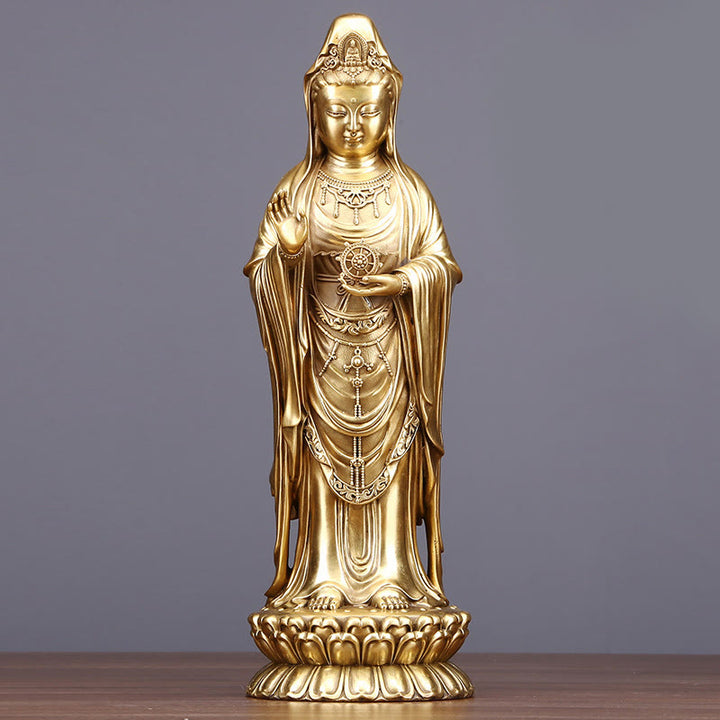 Buddha Stones Kwan Yin Awalokiteśwara trzymający Koło Dharmy Bogactwo Mosiądz Miedziana Statua Dekoracja