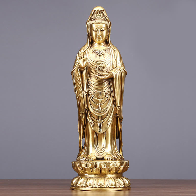 Buddha Stones Kwan Yin Awalokiteśwara trzymający Koło Dharmy Bogactwo Mosiądz Miedziana Statua Dekoracja