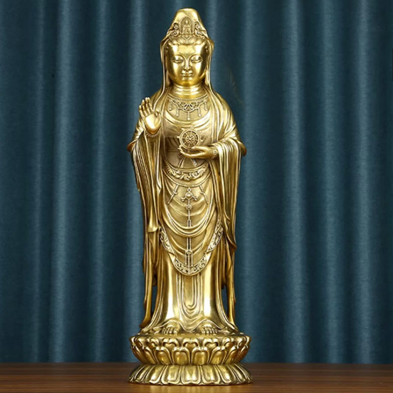Buddha Stones Kwan Yin Awalokiteśwara trzymający Koło Dharmy Bogactwo Mosiądz Miedziana Statua Dekoracja