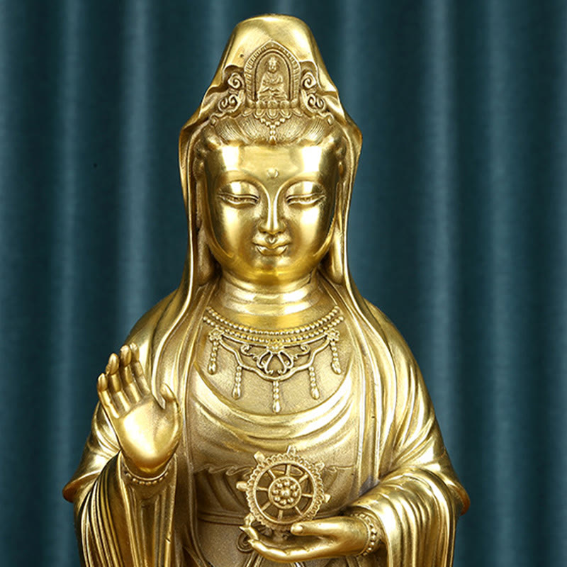 Buddha Stones Kwan Yin Awalokiteśwara trzymający Koło Dharmy Bogactwo Mosiądz Miedziana Statua Dekoracja