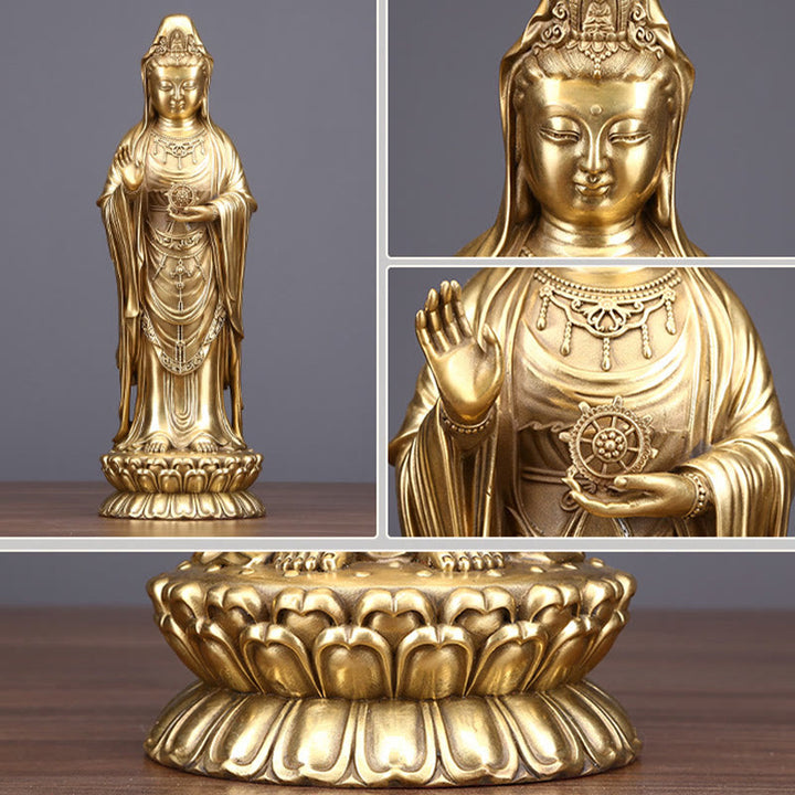 Buddha Stones Kwan Yin Awalokiteśwara trzymający Koło Dharmy Bogactwo Mosiądz Miedziana Statua Dekoracja