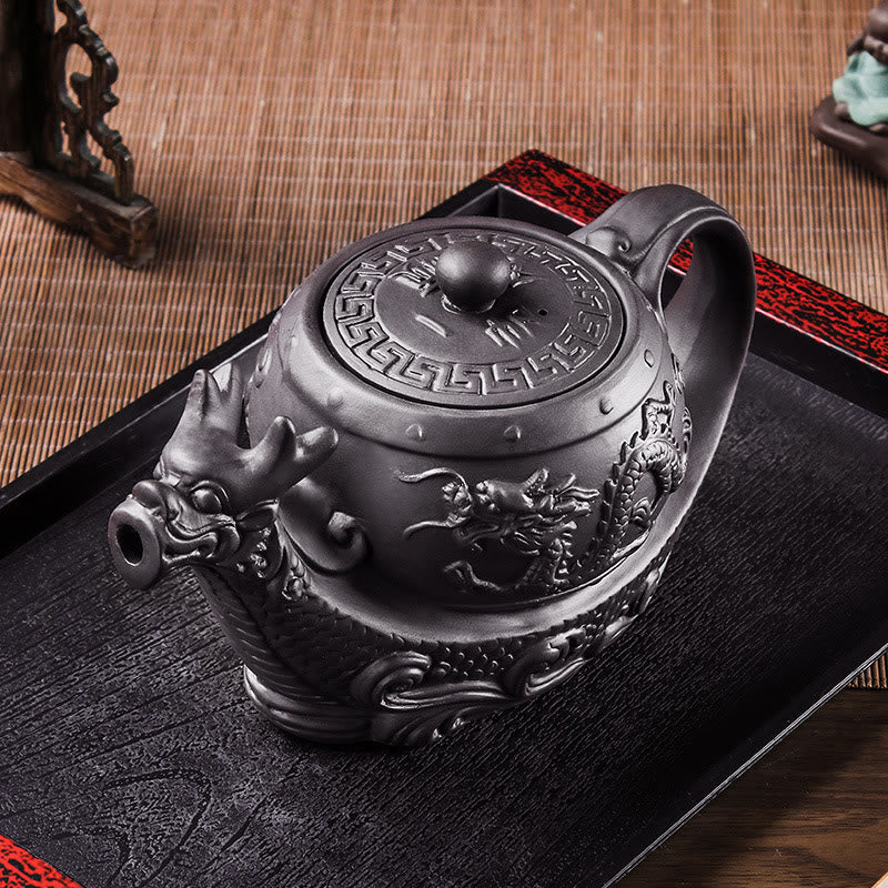 Buddha Stones Vintage Dragon Pomyślne Chmury Fioletowa Glina Ceramiczny Czajnik