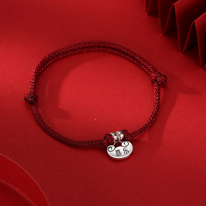 Buddha Stones Ręcznie robione 925 Srebro Sterlingowe Pokój I Radość Bezpieczne Well Wish Lock Siła Bransoletka z plecionej liny - Czerwona lina (obwód nadgarstka 14-20 cm) - image 0