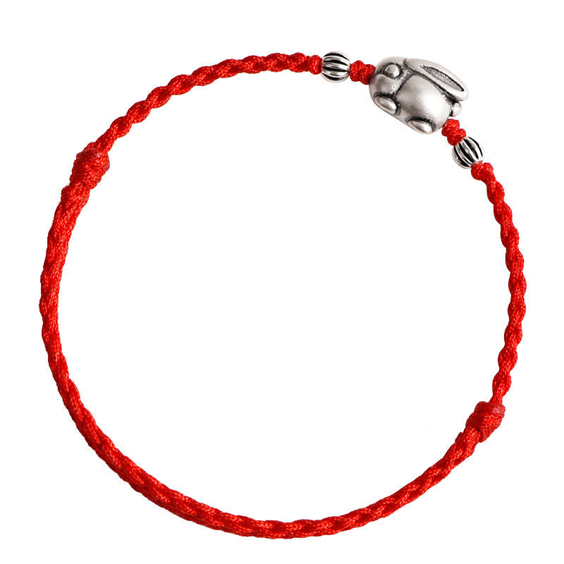 Buddha Stones Handmade 999 Sterling Silver Rabbit Luck Rope Anklet