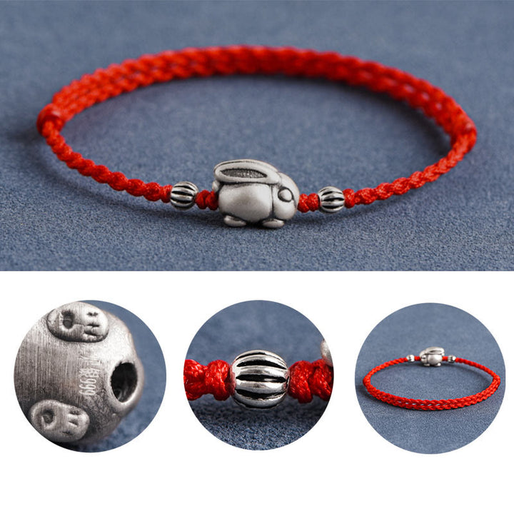 Buddha Stones Handmade 999 Sterling Silver Rabbit Luck Rope Anklet