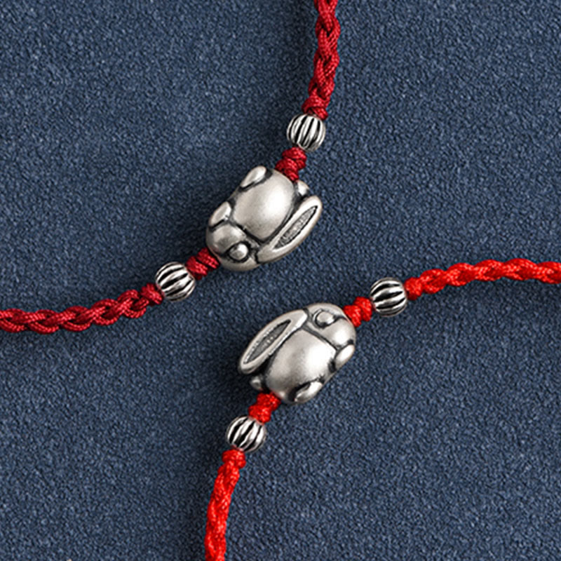 Buddha Stones Handmade 999 Sterling Silver Rabbit Luck Rope Anklet