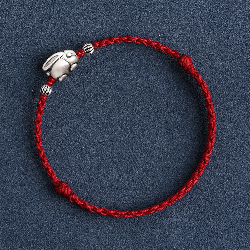 Buddha Stones Handmade 999 Sterling Silver Rabbit Luck Rope Anklet