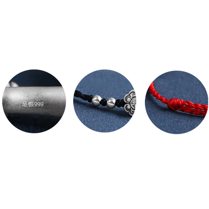 Buddha Stones Ręcznie robione 999 Srebro Sterlingowe Fu Charakter Życzenie Ruyi Uchwyt Fortune Rope Bransoletka na kostkę