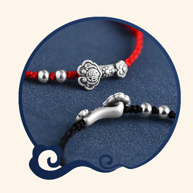 Buddha Stones Ręcznie robione 999 Srebro Sterlingowe Fu Charakter Życzenie Ruyi Uchwyt Fortune Rope Bransoletka na kostkę