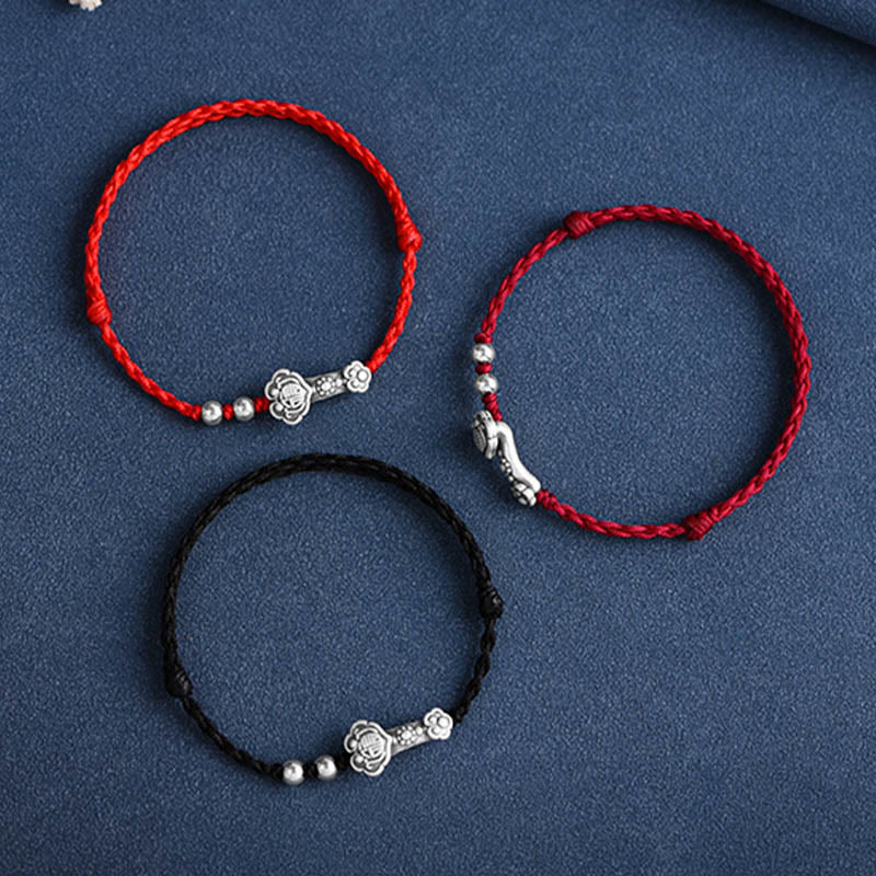 Buddha Stones Ręcznie robione 999 Srebro Sterlingowe Fu Charakter Życzenie Ruyi Uchwyt Fortune Rope Bransoletka na kostkę