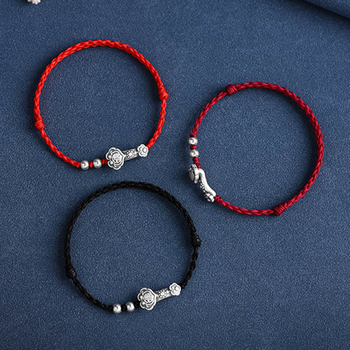 Buddha Stones Ręcznie robione 999 Srebro Sterlingowe Fu Charakter Życzenie Ruyi Uchwyt Fortune Rope Bransoletka na kostkę