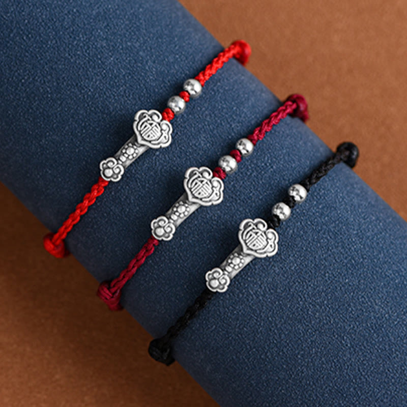 Buddha Stones Ręcznie robione 999 Srebro Sterlingowe Fu Charakter Życzenie Ruyi Uchwyt Fortune Rope Bransoletka na kostkę