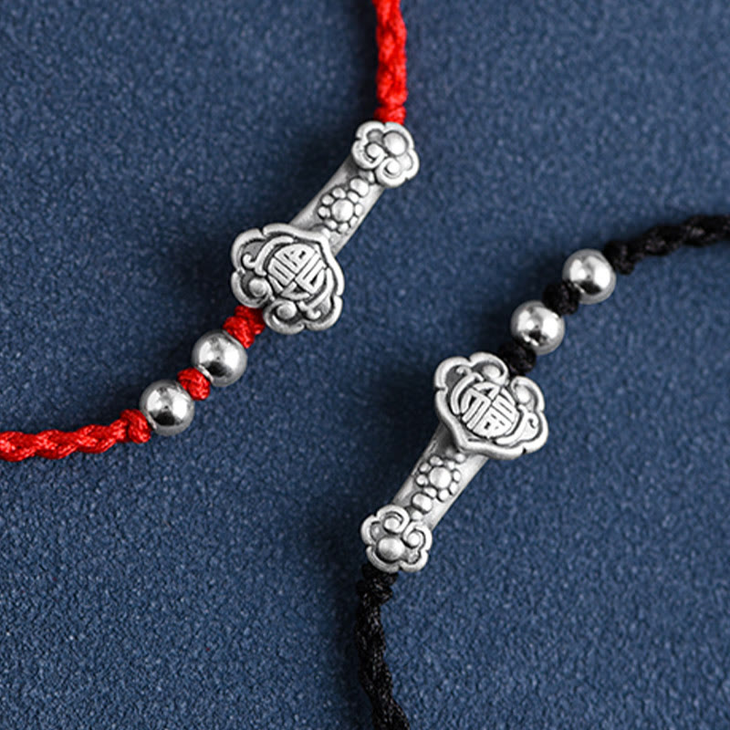 Buddha Stones Ręcznie robione 999 Srebro Sterlingowe Fu Charakter Życzenie Ruyi Uchwyt Fortune Rope Bransoletka na kostkę