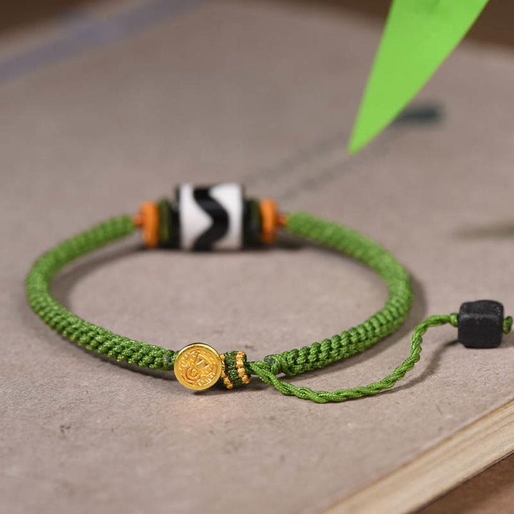 Buddha Stones ręcznie robione tybetańskie koraliki Dzi Ochrona pleciona zielona bransoletka sznurkowa