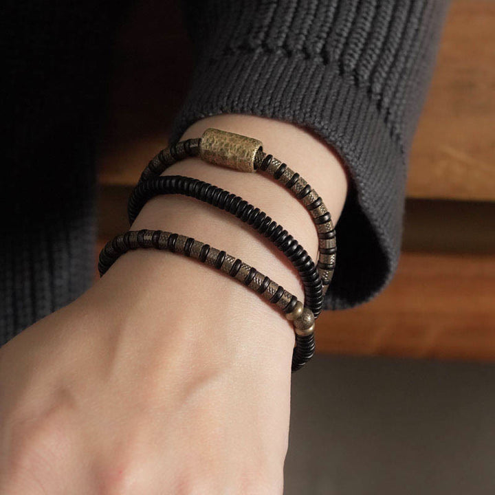 Buddha Stones Uzdrawiające Tybetańskie Koraliki z Hebanu Drewnianego Miedziana Bransoletka Wielowarstwowa