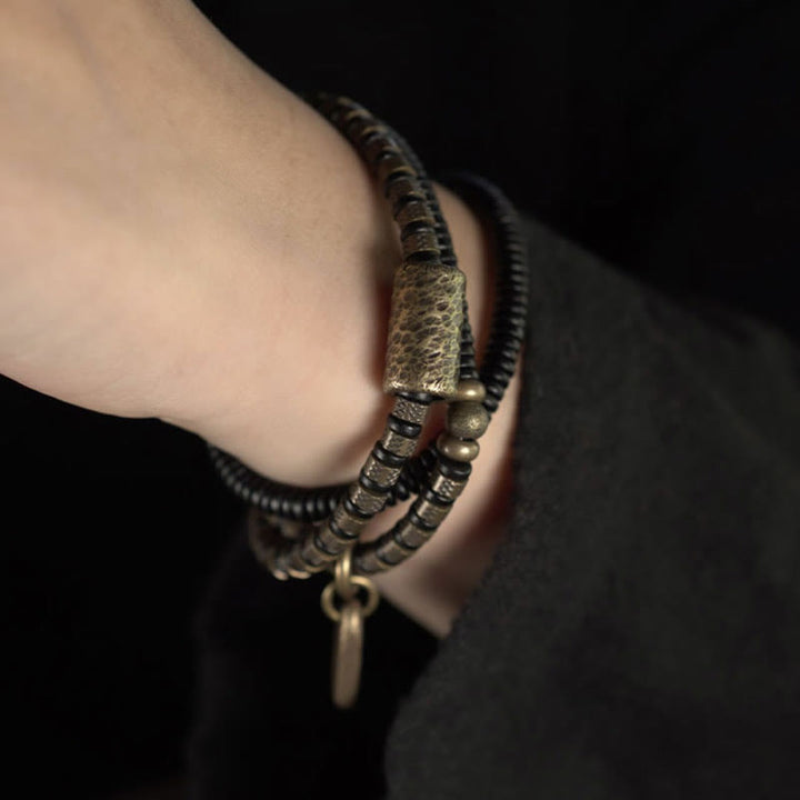 Buddha Stones Uzdrawiające Tybetańskie Koraliki z Hebanu Drewnianego Miedziana Bransoletka Wielowarstwowa