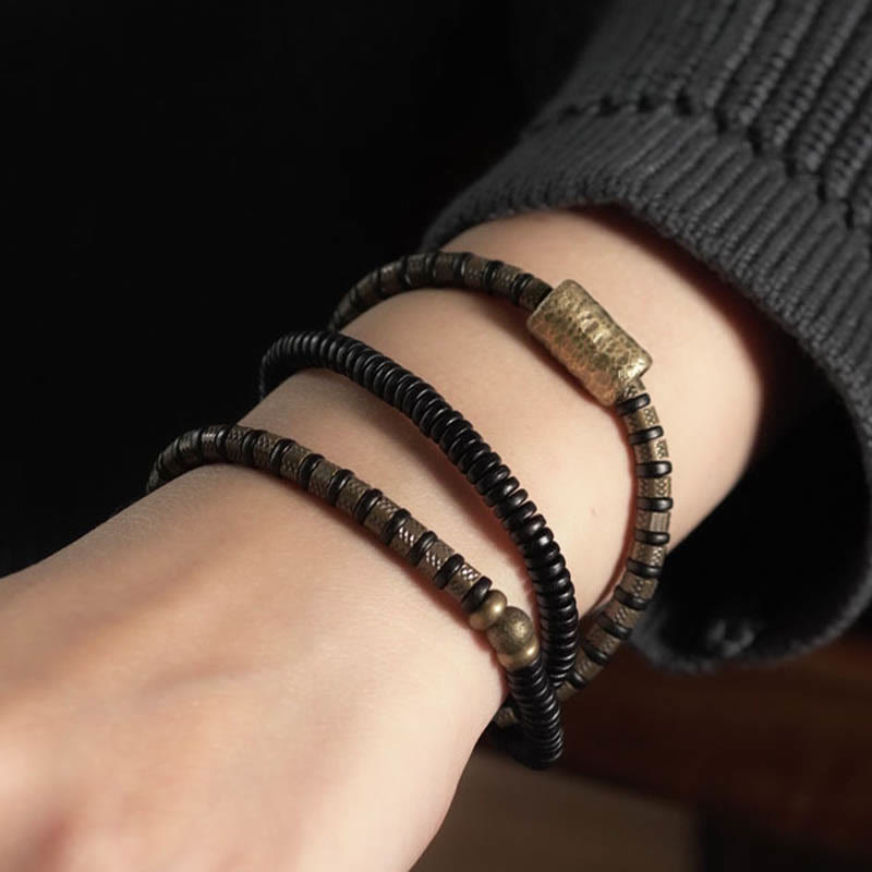 Buddha Stones Uzdrawiające Tybetańskie Koraliki z Hebanu Drewnianego Miedziana Bransoletka Wielowarstwowa