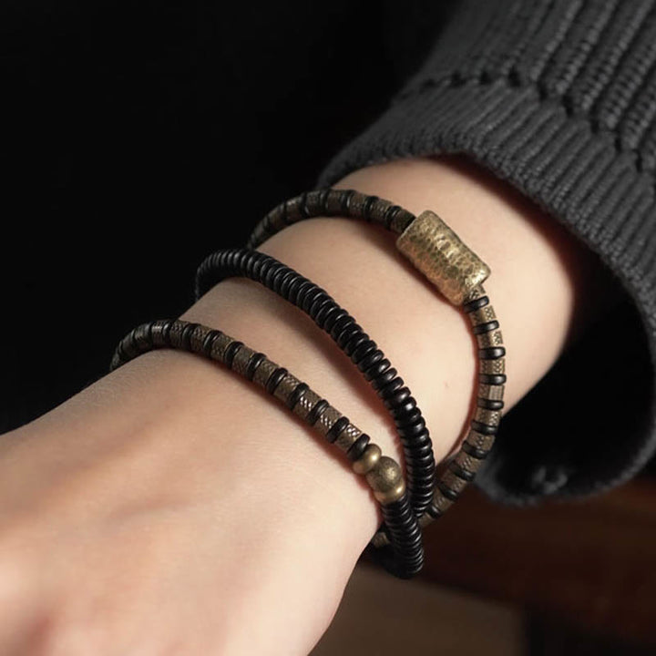 Buddha Stones Uzdrawiające Tybetańskie Koraliki z Hebanu Drewnianego Miedziana Bransoletka Wielowarstwowa