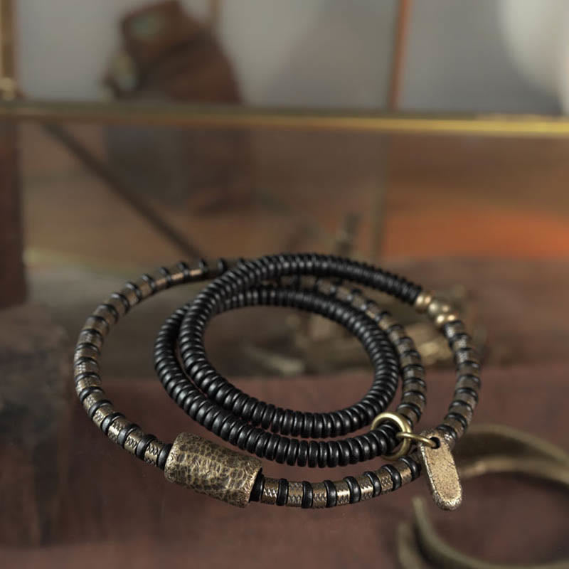 Buddha Stones Uzdrawiające Tybetańskie Koraliki z Hebanu Drewnianego Miedziana Bransoletka Wielowarstwowa