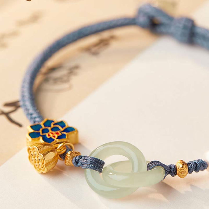 Buddha Stones Hetian Jade Lotus Peace Buckle Bransoletka z plecionej liny Fortune