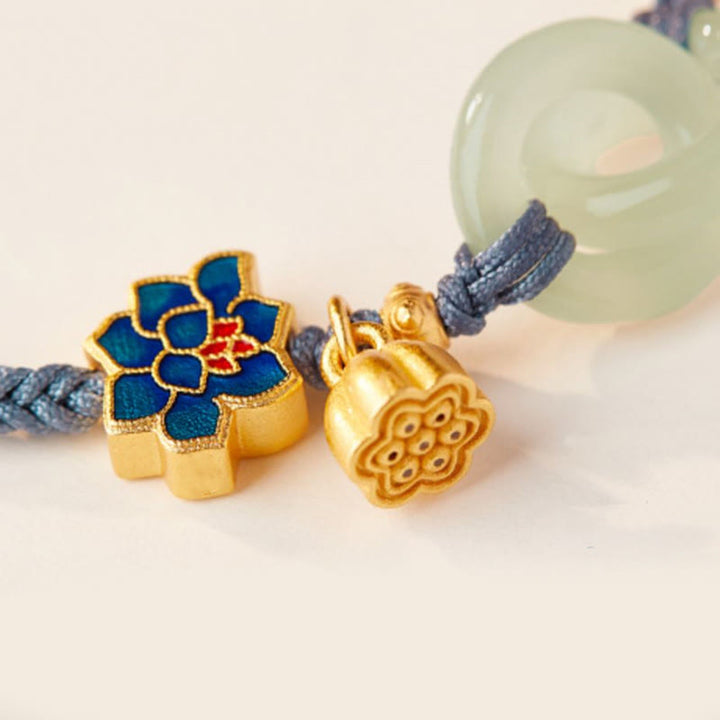 Buddha Stones Hetian Jade Lotus Peace Buckle Bransoletka z plecionej liny Fortune
