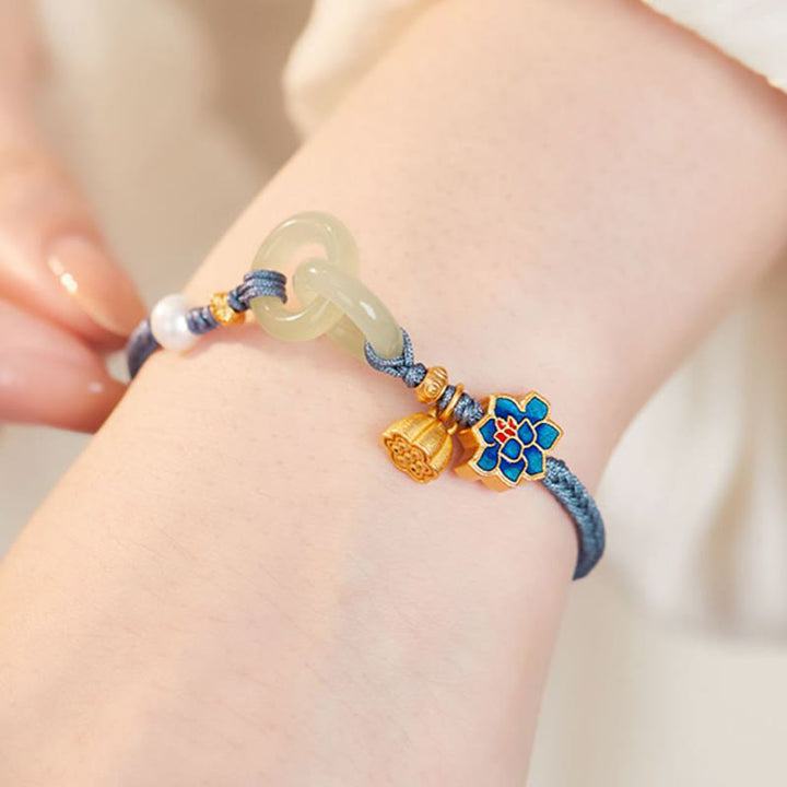 Buddha Stones Hetian Jade Lotus Peace Buckle Bransoletka z plecionej liny Fortune