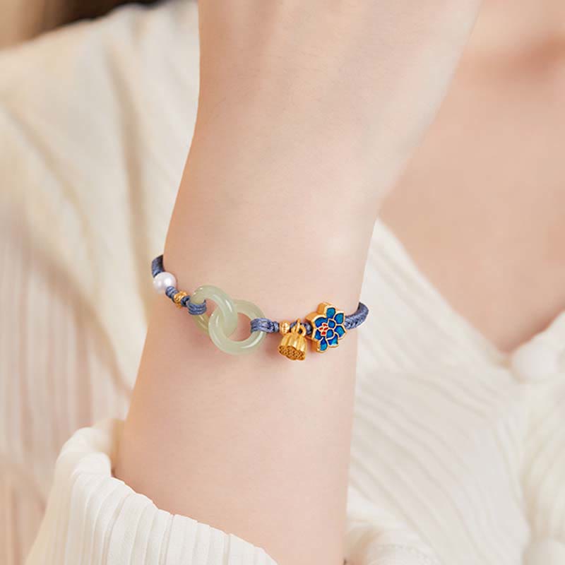 Buddha Stones Hetian Jade Lotus Peace Buckle Bransoletka z plecionej liny Fortune