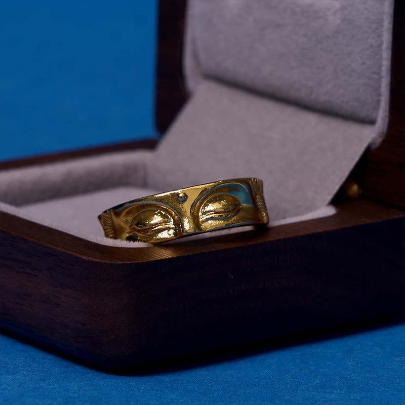 Buddha Stones Złoty Medytacyjny Budda Spokój Miedziany Regulowany Pierścień