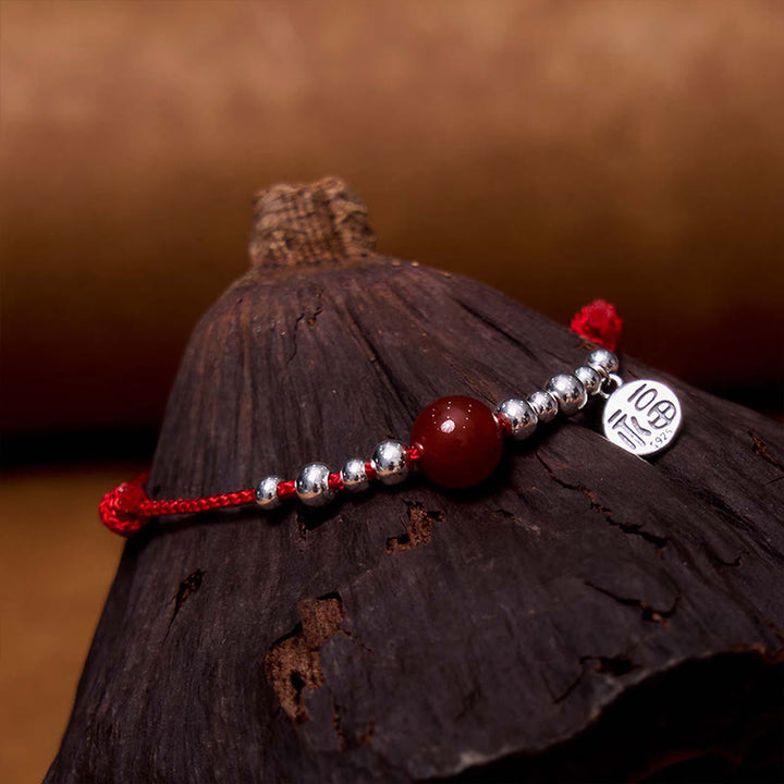 Bransoletka Buddha Stones wykonana ręcznie ze srebra próby 925 Fu Character Red Agate Fortune Braided Ultra-Thin Rope