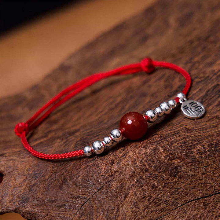 Bransoletka Buddha Stones wykonana ręcznie ze srebra próby 925 Fu Character Red Agate Fortune Braided Ultra-Thin Rope
