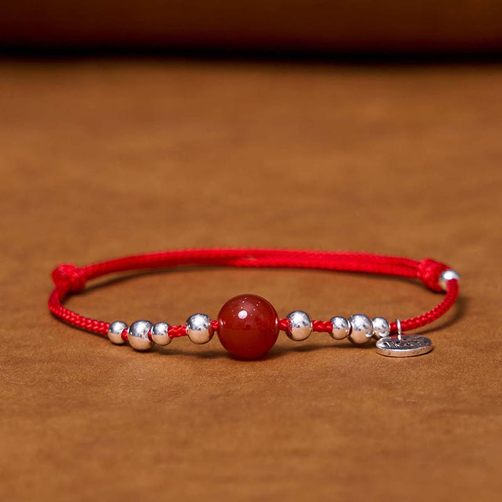 Bransoletka Buddha Stones wykonana ręcznie ze srebra próby 925 Fu Character Red Agate Fortune Braided Ultra-Thin Rope