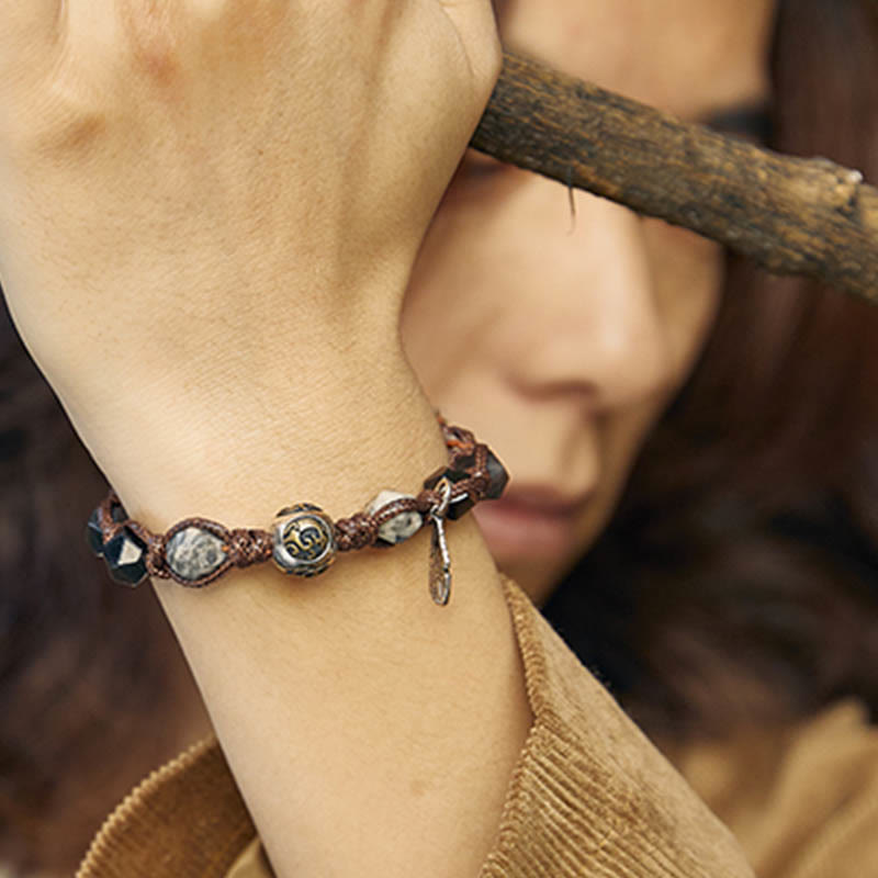 Buddha Stones Retro 925 Srebro Sterlingowe Srebrny Połysk Obsydian Transport Lina Ręcznie Pleciona Bransoletka