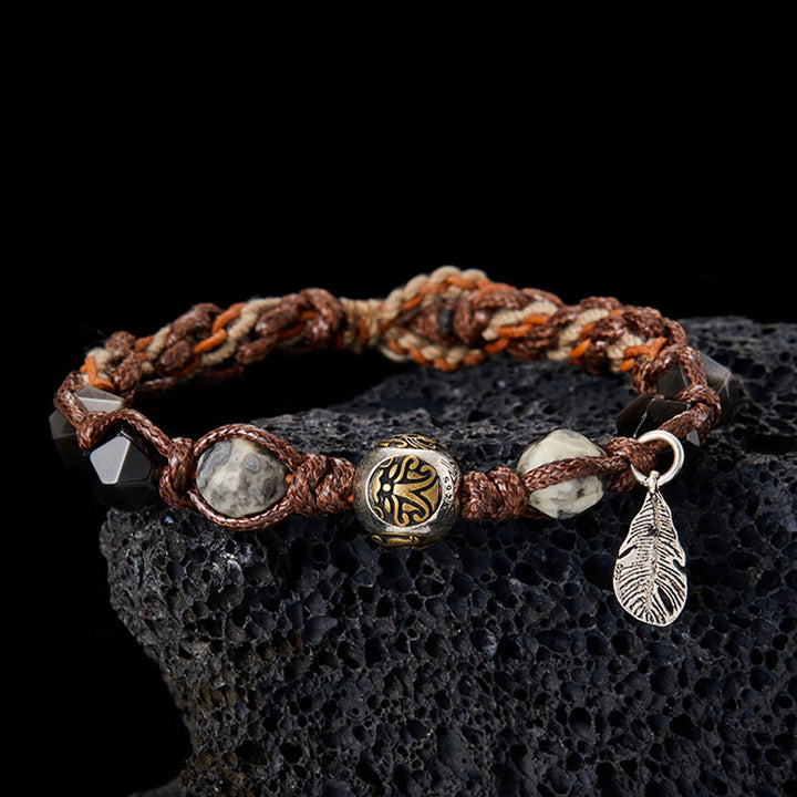 Buddha Stones Retro 925 Srebro Sterlingowe Srebrny Połysk Obsydian Transport Lina Ręcznie Pleciona Bransoletka