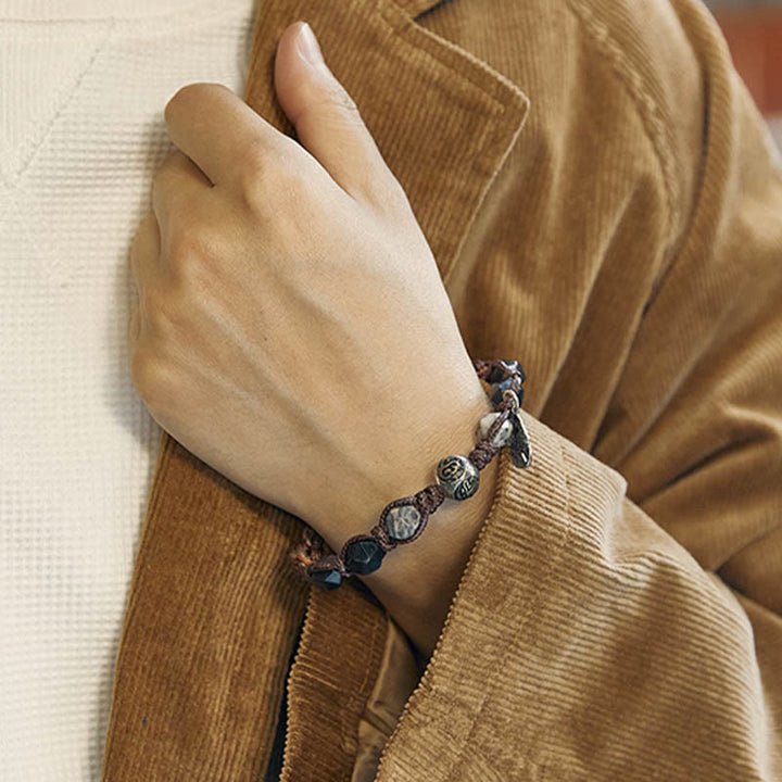 Buddha Stones Retro 925 Srebro Sterlingowe Srebrny Połysk Obsydian Transport Lina Ręcznie Pleciona Bransoletka