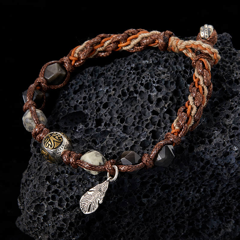 Buddha Stones Retro 925 Srebro Sterlingowe Srebrny Połysk Obsydian Transport Lina Ręcznie Pleciona Bransoletka