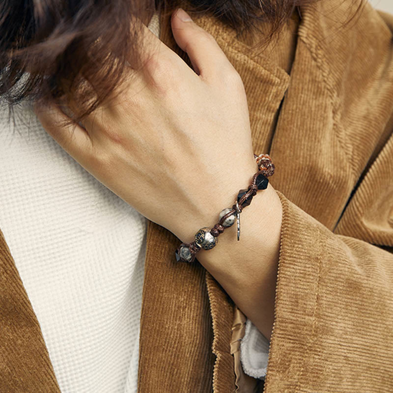 Buddha Stones Retro 925 Srebro Sterlingowe Srebrny Połysk Obsydian Transport Lina Ręcznie Pleciona Bransoletka