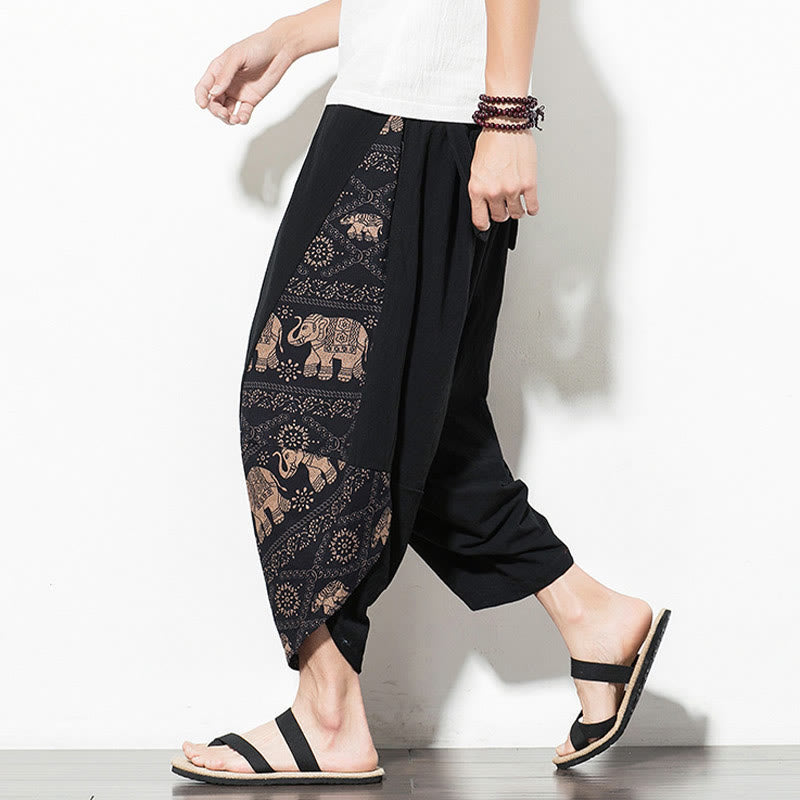 Buddha Stones Brązowy Słoń Nadruk Bawełna Męskie Spodnie Harem Skrócone Z Kieszeniami - image 5