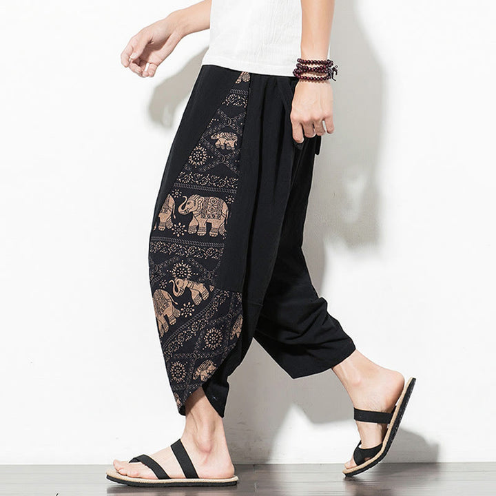Buddha Stones Brązowy Słoń Nadruk Bawełna Męskie Spodnie Harem Skrócone Z Kieszeniami - image 5