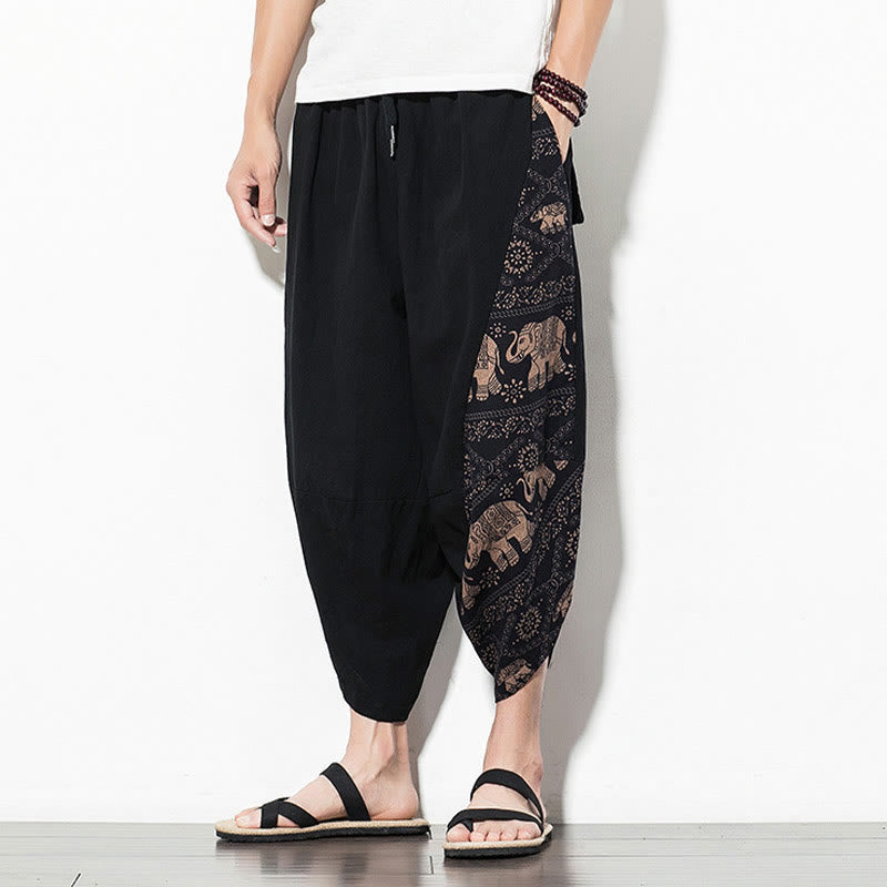 Buddha Stones Brązowy Słoń Nadruk Bawełna Męskie Spodnie Harem Skrócone Z Kieszeniami - image 6