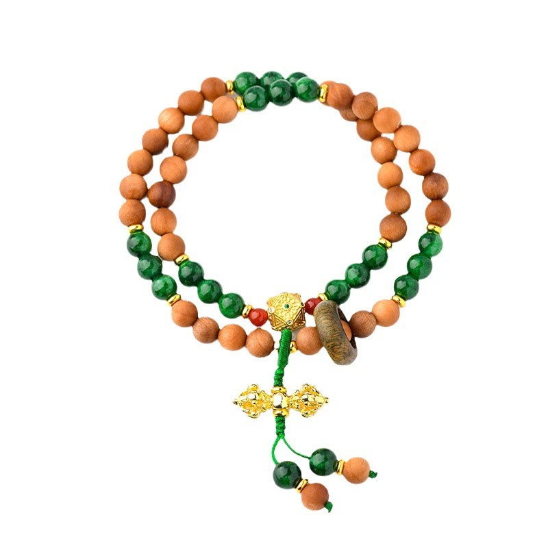 Buddha Stones, drewno sandałowe, koraliki, tybetański Dorje Vajra, podwójnie skręcony wzór, ochrona, uzdrawiająca bransoletka