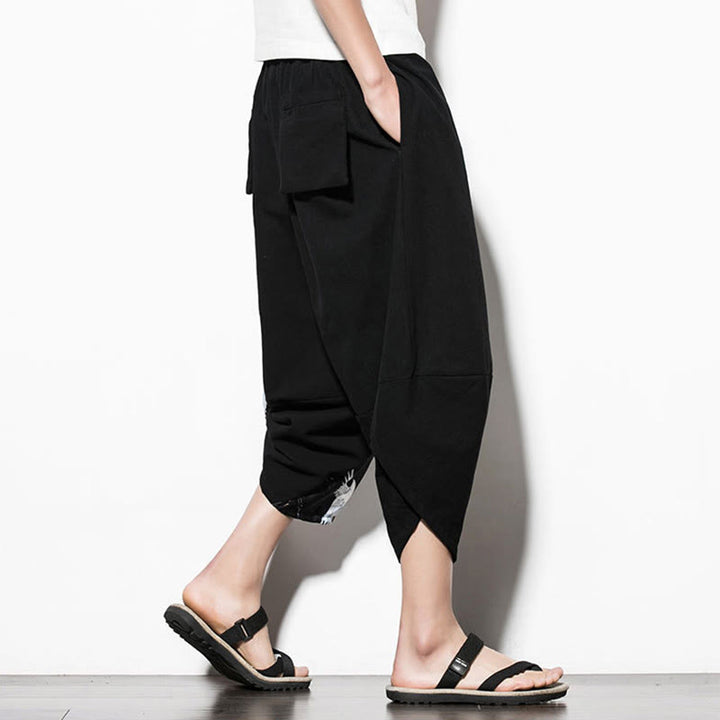 Buddha Stones Białe Żurawie Nadruk Bawełna Męskie Spodnie Harem Skrócone Z Kieszeniami - image 3