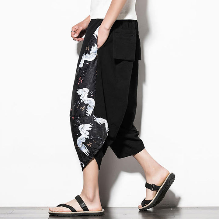 Buddha Stones Białe Żurawie Nadruk Bawełna Męskie Spodnie Harem Skrócone Z Kieszeniami - image 7