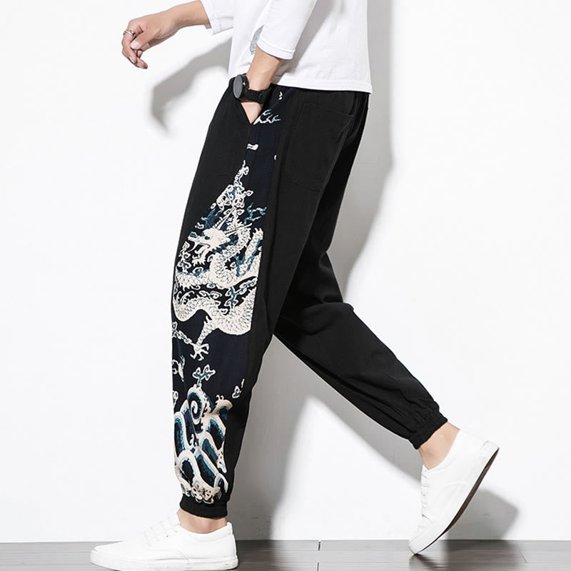 Buddha Stones Letnie Fale Smoka Bawełniane Spodnie Męskie Z Kieszeniami - image 15