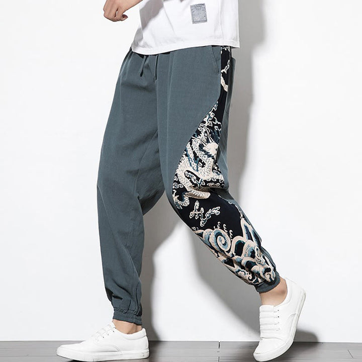 Buddha Stones Letnie Fale Smoka Bawełniane Spodnie Męskie Z Kieszeniami - image 7