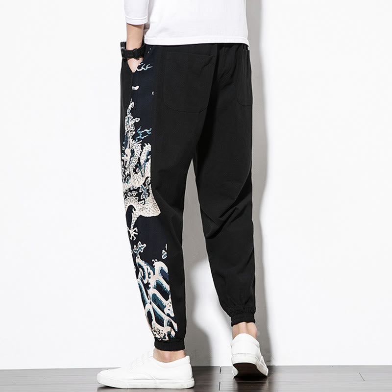 Buddha Stones Letnie Fale Smoka Bawełniane Spodnie Męskie Z Kieszeniami - image 12
