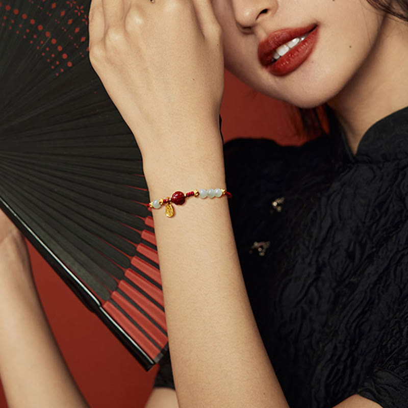 Buddha Stones Fu Charakter Jade Cynober 24K Pozłacana Bransoletka Szczęścia Czerwony Sznurek