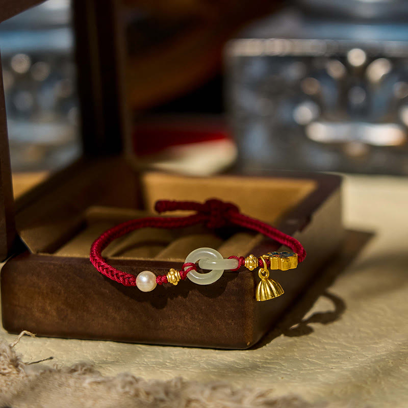 Buddha Stones Hetian Jade Lotus Peace Buckle Bransoletka z plecionej liny Fortune