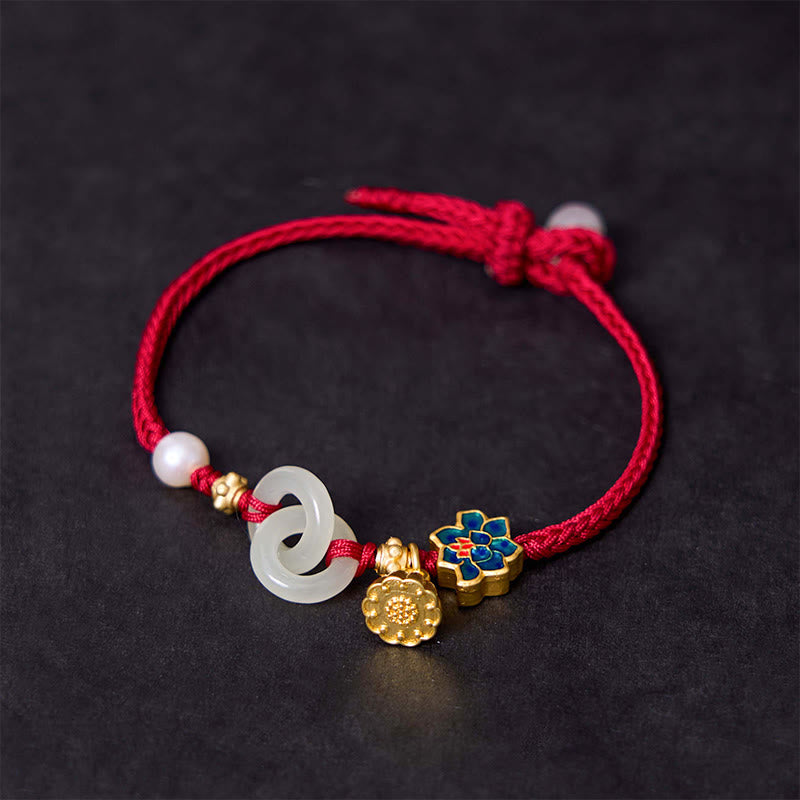 Buddha Stones Hetian Jade Lotus Peace Buckle Bransoletka z plecionej liny Fortune